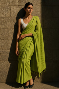 Lime Ember | Handloom Mul Cotton Saree | Indidha Saree