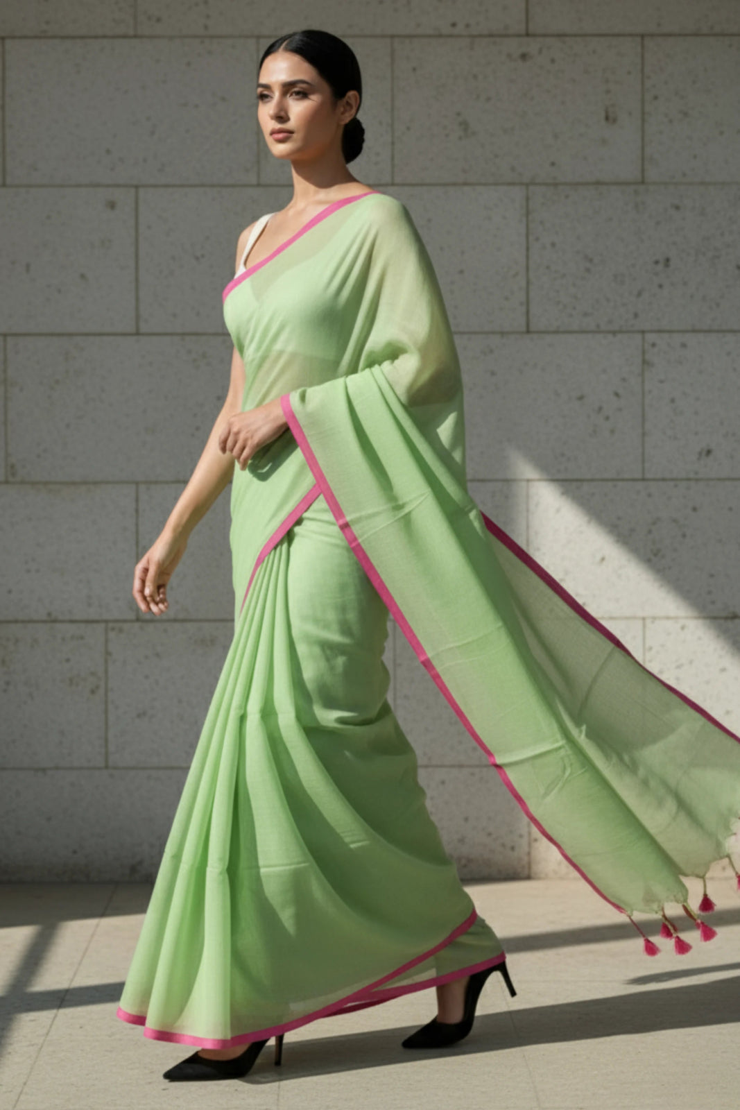 Lime Whisper | Handloom Mul Cotton | Indidha Saree