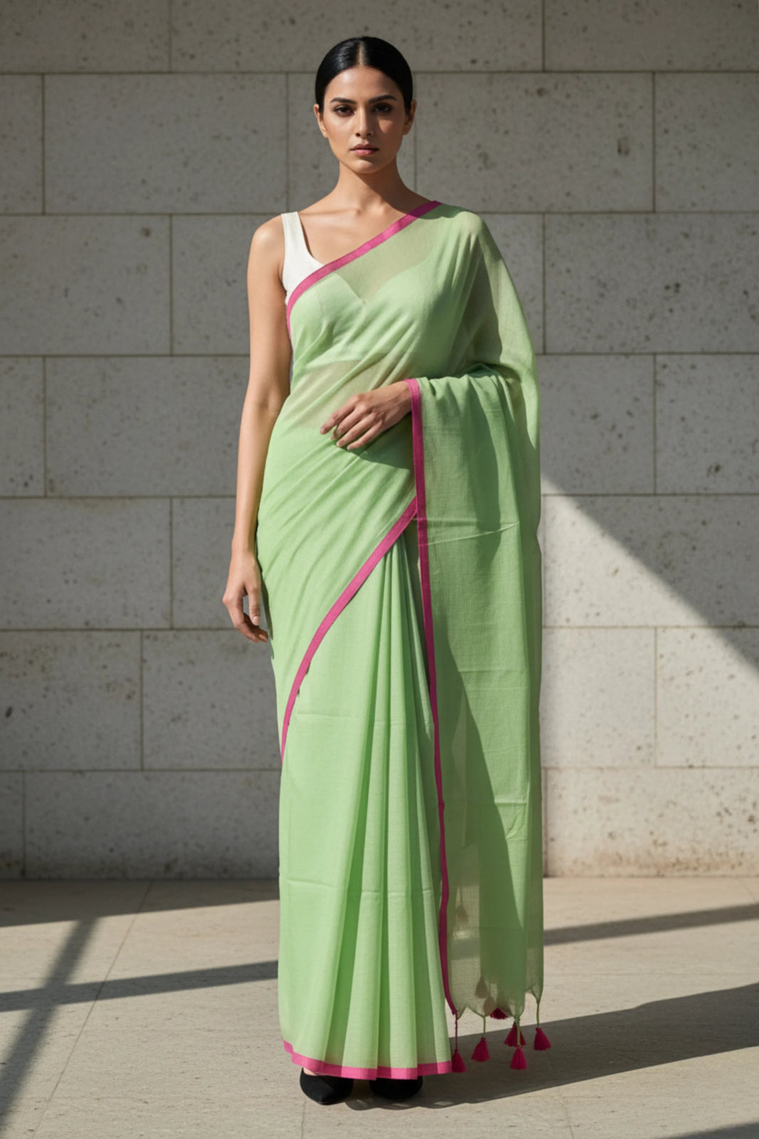 Lime Whisper | Handloom Mul Cotton | Indidha Saree