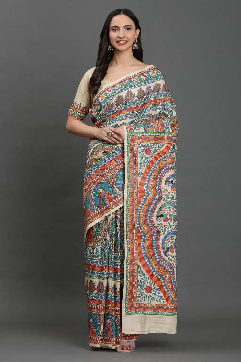 Madhubani Melody | Hand-painted Tussar Silk | Indidha Saree