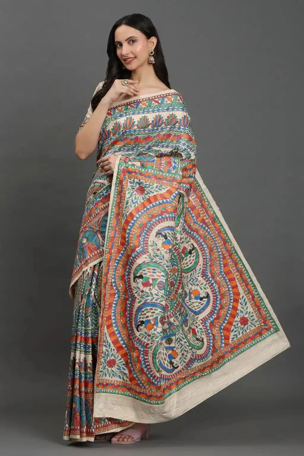 Madhubani Melody | Hand - painted Tussar Silk | Indidha Saree