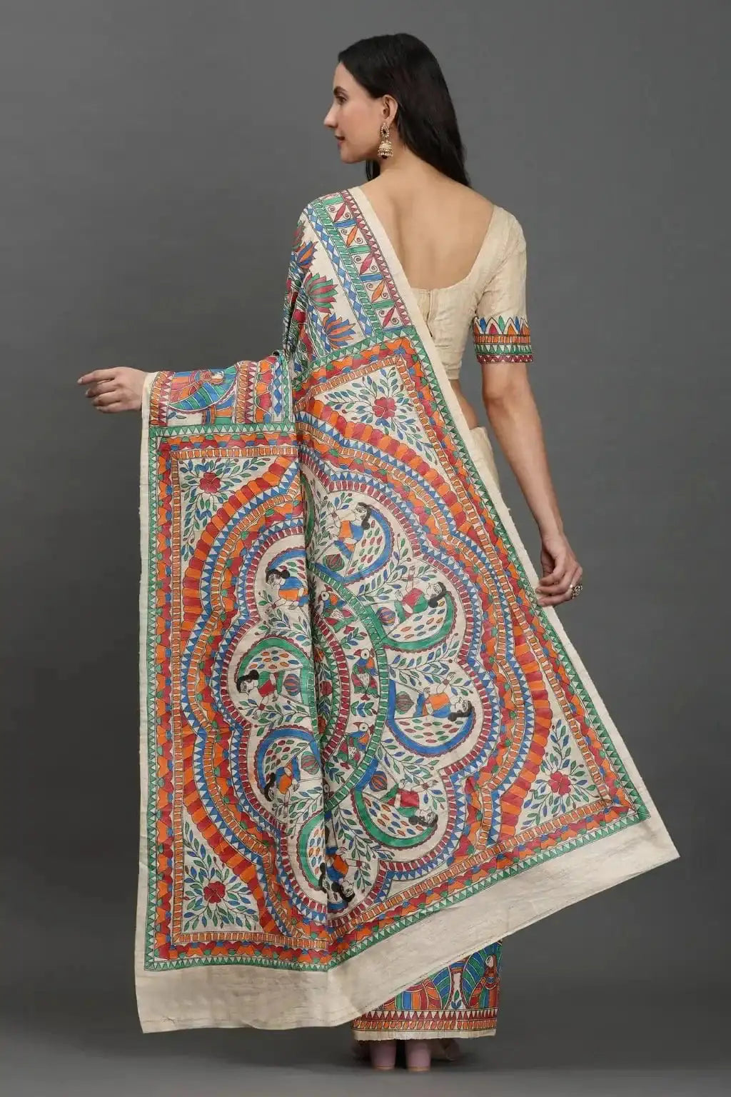 Madhubani Melody | Hand - painted Tussar Silk | Indidha Saree