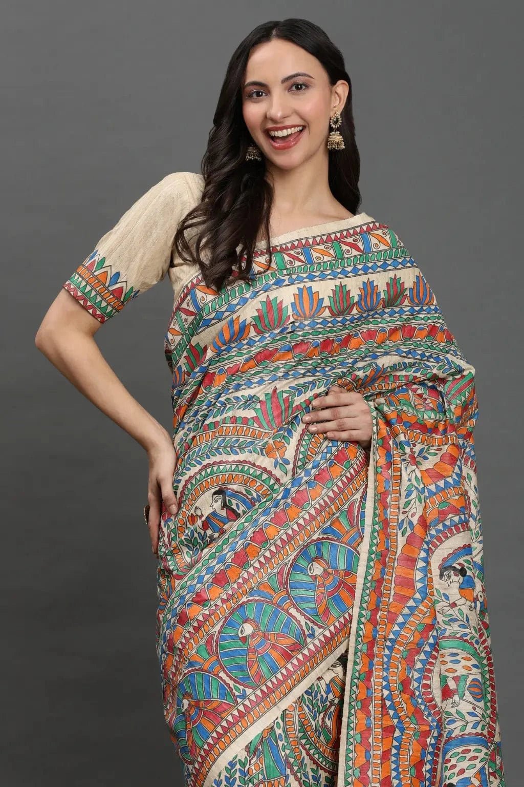 Madhubani Melody | Hand-painted Tussar Silk | Indidha Saree