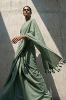 Measured Motion green slub cotton saree by Indidha