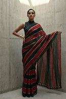Elegant striped mul cotton saree in red and black with gold accents by Indidha