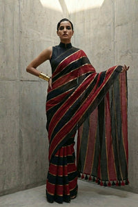 Elegant striped mul cotton saree in red and black with gold accents by Indidha
