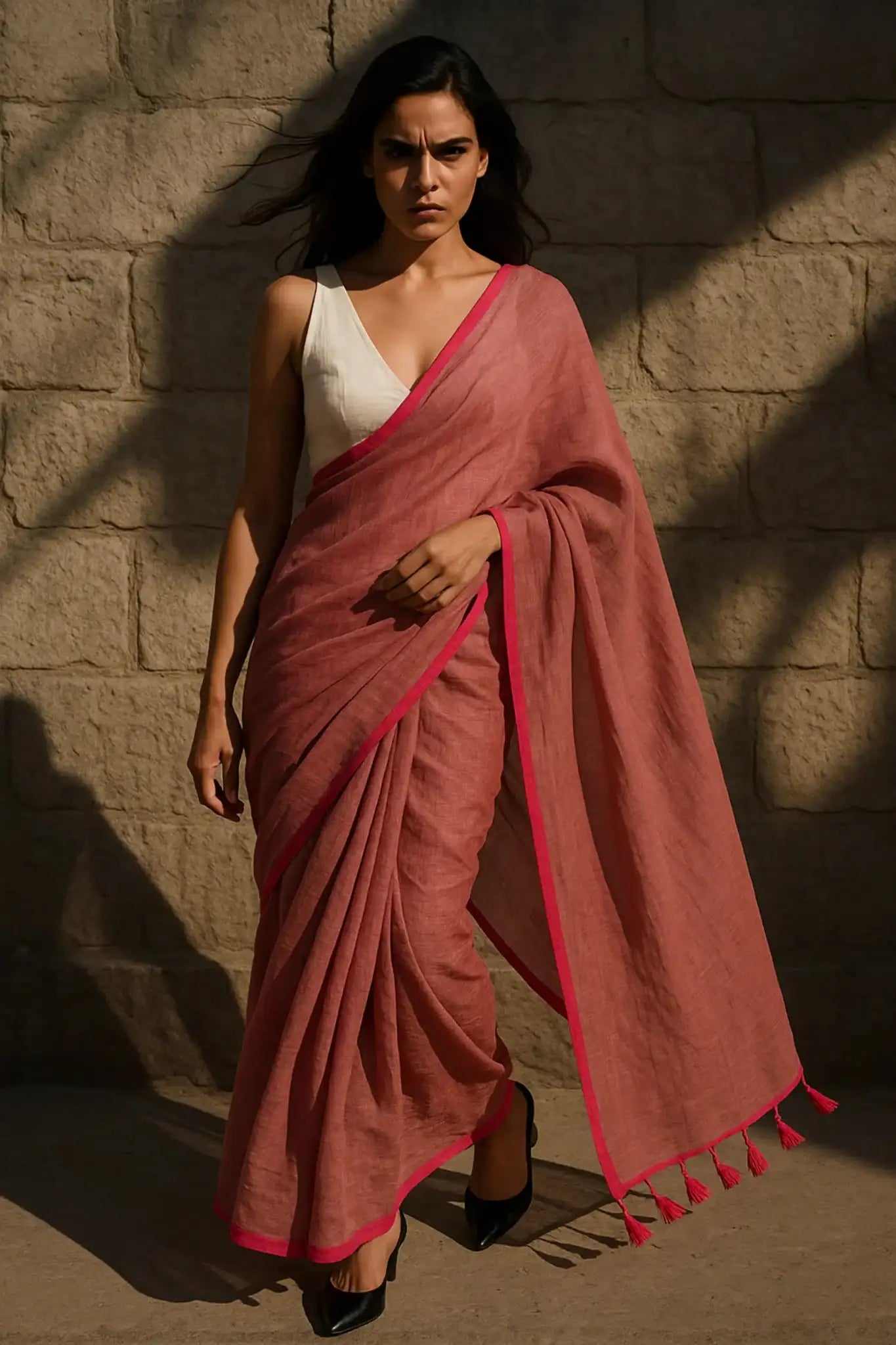 Muted Cherry | Handloom Mul Cotton | Indidha Saree