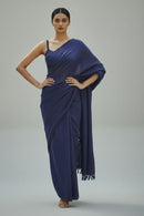 Soft slub weave cotton saree in rich navy blue with subtle checks by Indidha