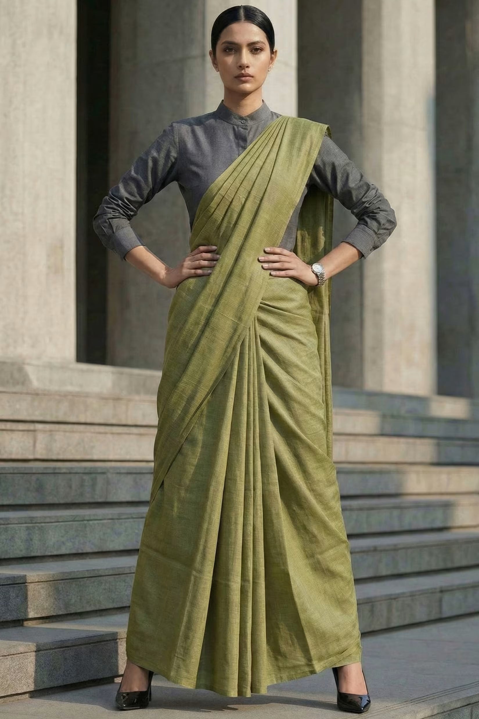 Olive Terrain | Slub Cotton | Indidha Saree