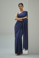 Quiet Navy deep navy blue slub cotton saree with subtle woven checks by Indidha