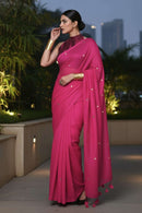 Deep rani pink mul cotton saree with delicate gold butta design
