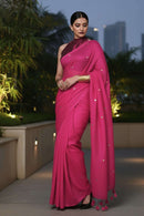Rosette Dawn rani pink mul cotton saree with gold buttas by Indidha