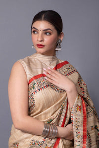 BEIGE TRIBE | Tussar Silk | Madhubani Print | Indidha Saree