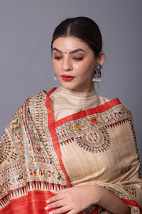 BEIGE TRIBE | Tussar Silk | Madhubani Print | Indidha Saree