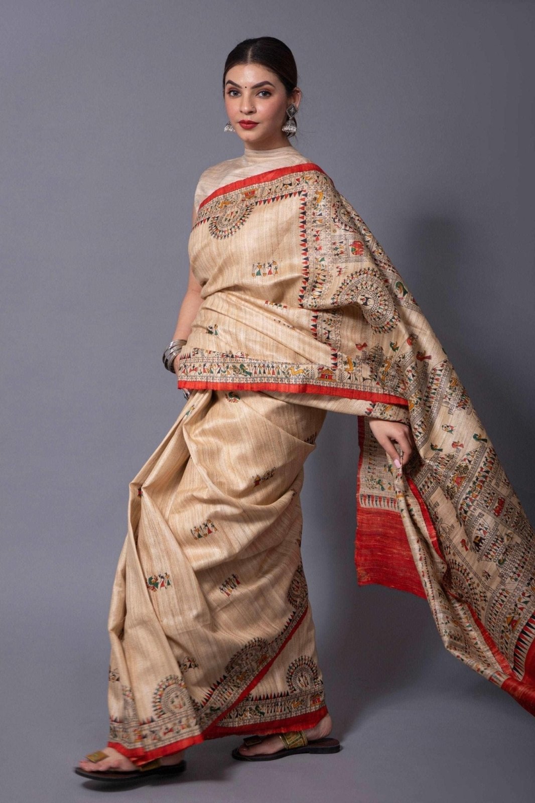 BEIGE TRIBE | Tussar Silk | Madhubani Print | Indidha Saree