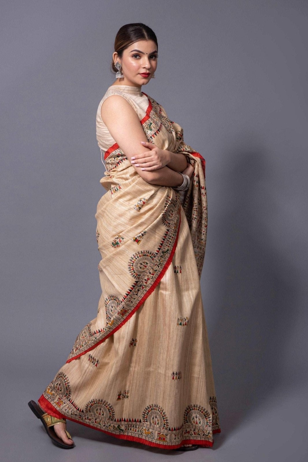 BEIGE TRIBE | Tussar Silk | Madhubani Print | Indidha Saree