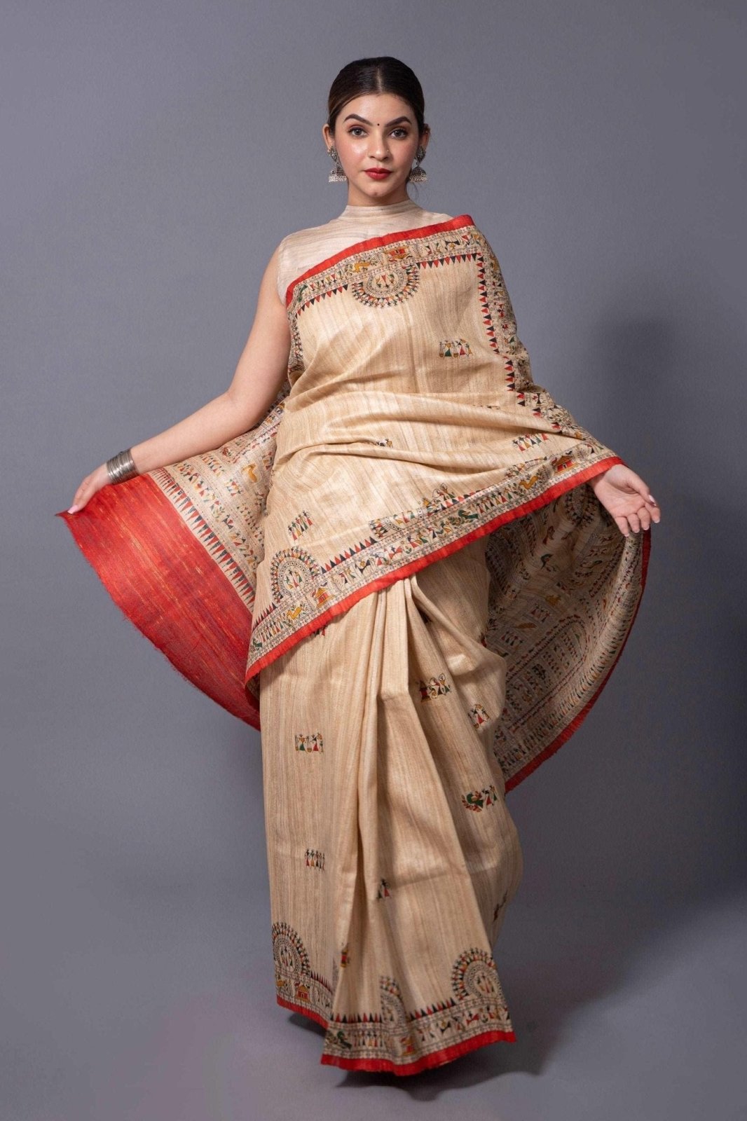 BEIGE TRIBE | Tussar Silk | Madhubani Print | Indidha Saree