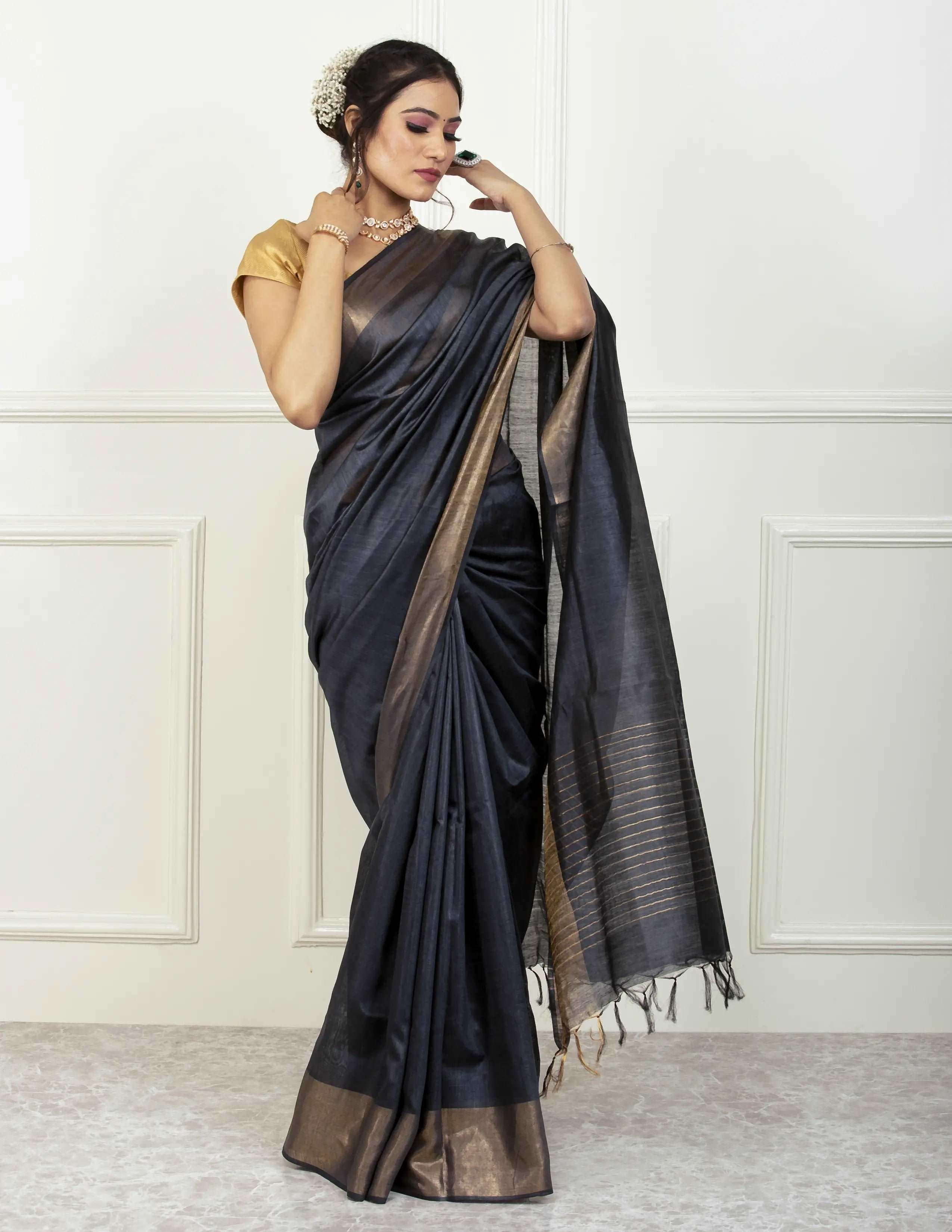 Bina Textile Saree BLACK DIAMOND | Muga Silk | Indidha Saree