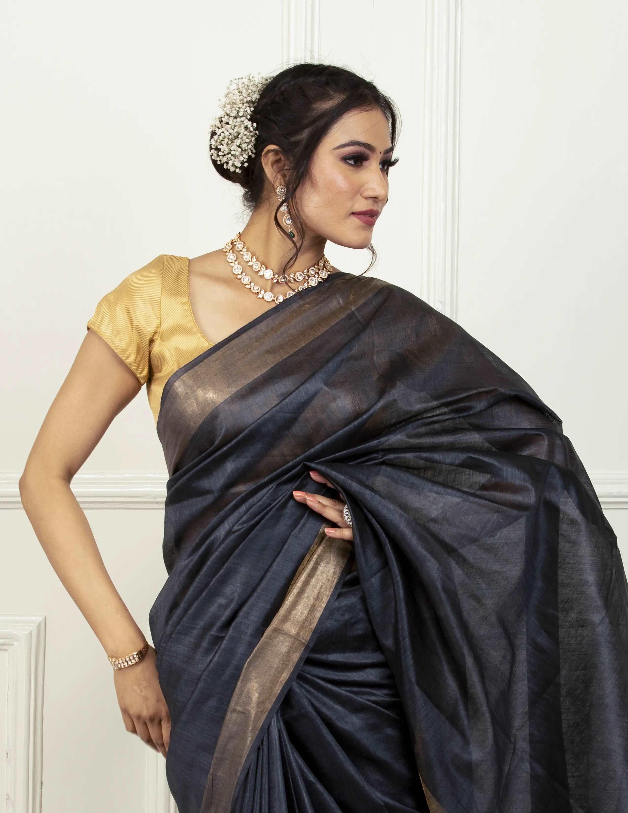 Bina Textile Saree BLACK DIAMOND | Muga Silk | Indidha Saree