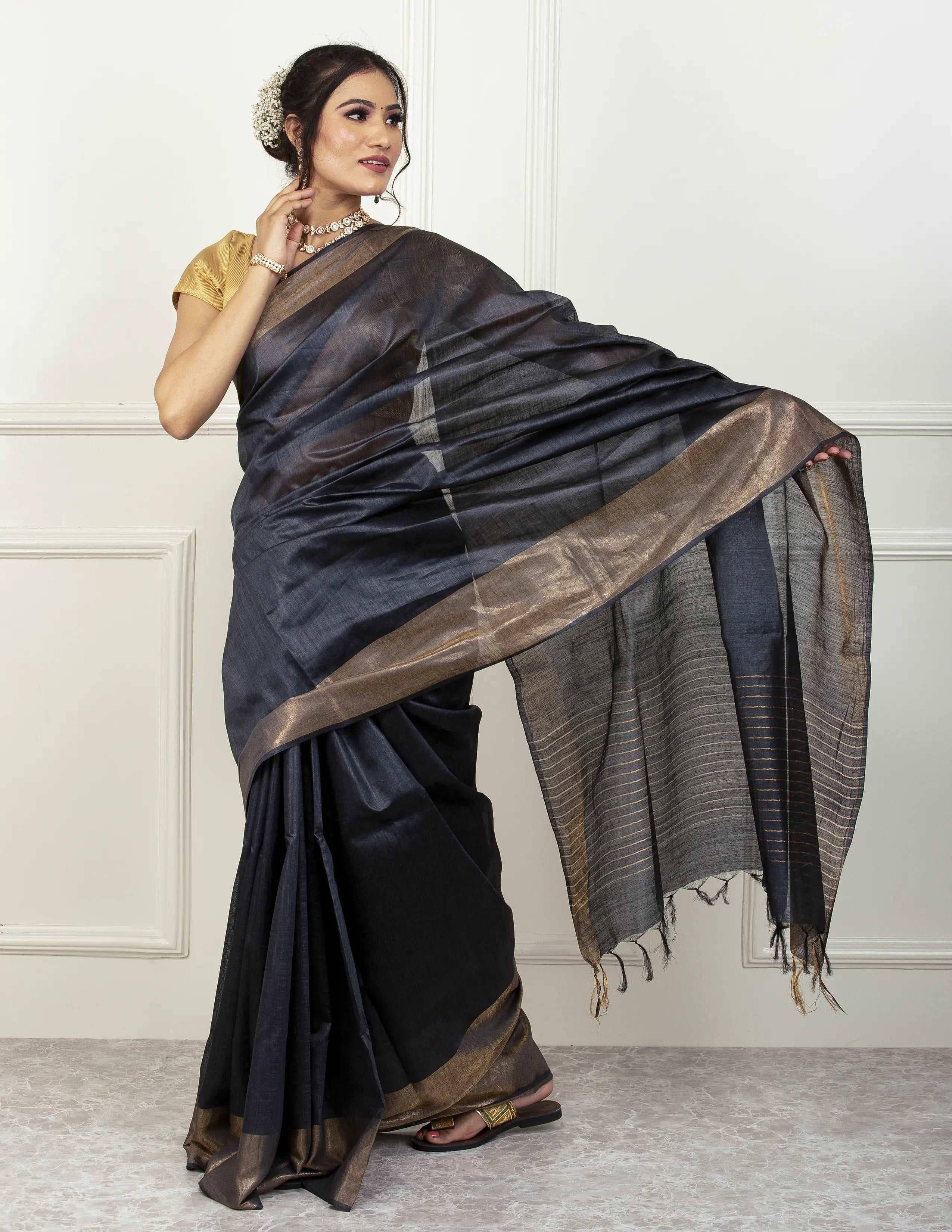 Bina Textile Saree BLACK DIAMOND | Muga Silk | Indidha Saree