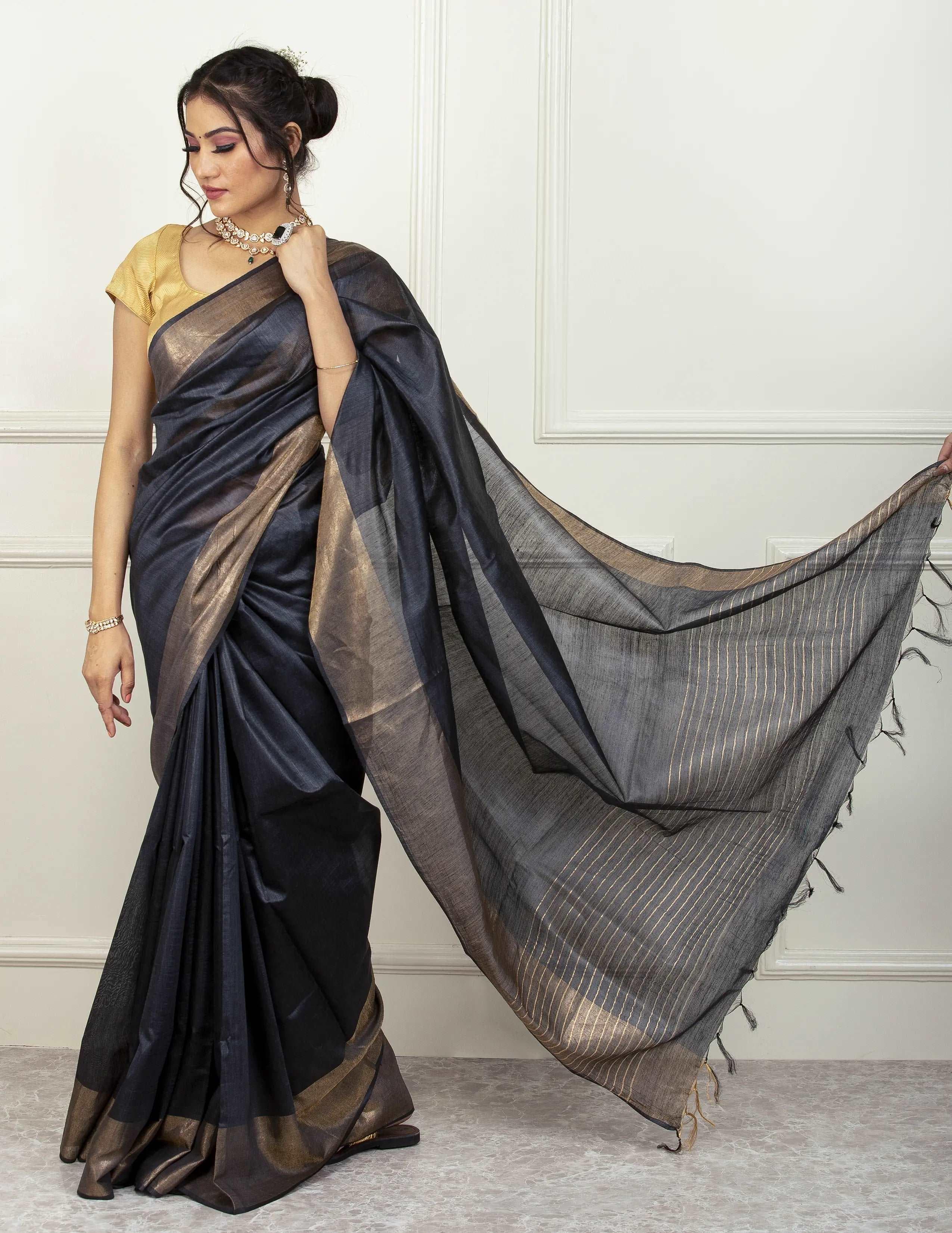 Bina Textile Saree BLACK DIAMOND | Muga Silk | Indidha Saree