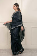 Bina Textile BGP Saree BLACK SILVER | Cotton Slub | Indidha Saree