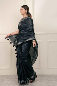 Bina Textile BGP Saree BLACK SILVER | Cotton Slub | Indidha Saree