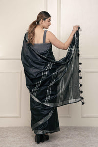 Bina Textile BGP Saree BLACK SILVER | Cotton Slub | Indidha Saree