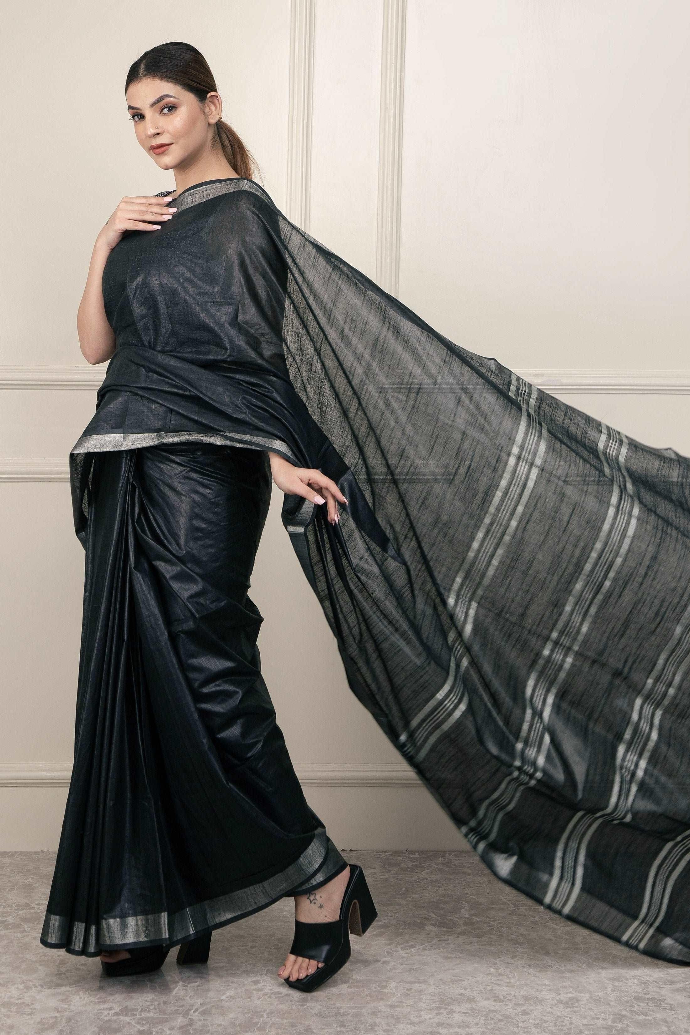 Bina Textile BGP Saree BLACK SILVER | Cotton Slub | Indidha Saree