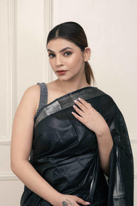 Bina Textile BGP Saree BLACK SILVER | Cotton Slub | Indidha Saree