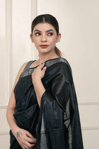 Bina Textile BGP Saree BLACK SILVER | Cotton Slub | Indidha Saree