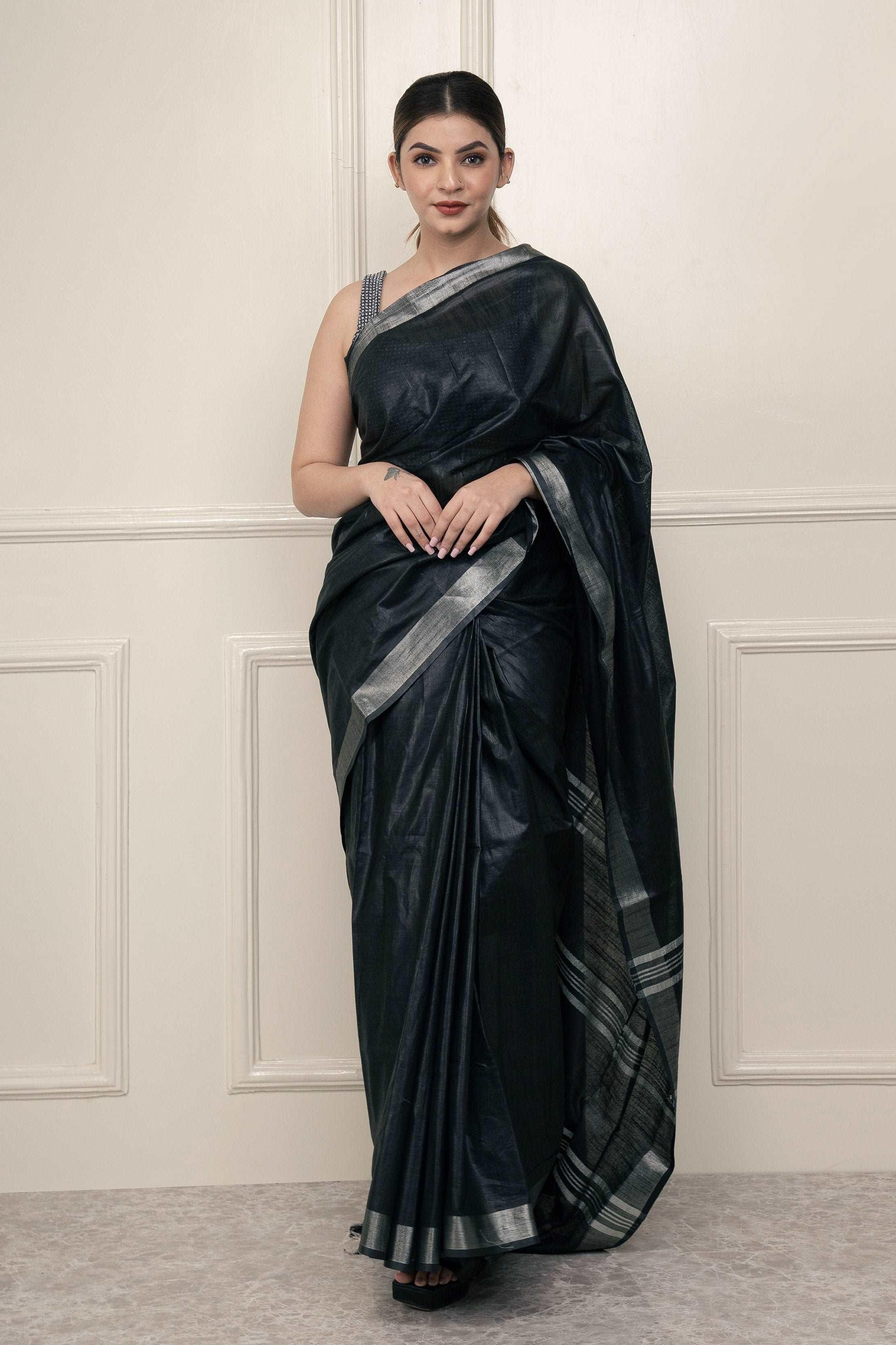 Bina Textile BGP Saree BLACK SILVER | Cotton Slub | Indidha Saree