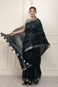 Bina Textile BGP Saree BLACK SILVER | Cotton Slub | Indidha Saree