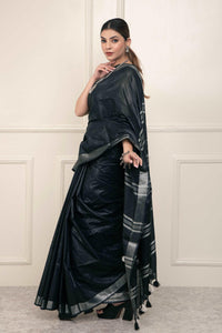 Bina Textile BGP Saree BLACK SILVER | Cotton Slub | Indidha Saree