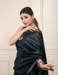 Bina Textile BGP Saree BLACK SILVER | Cotton Slub | Indidha Saree