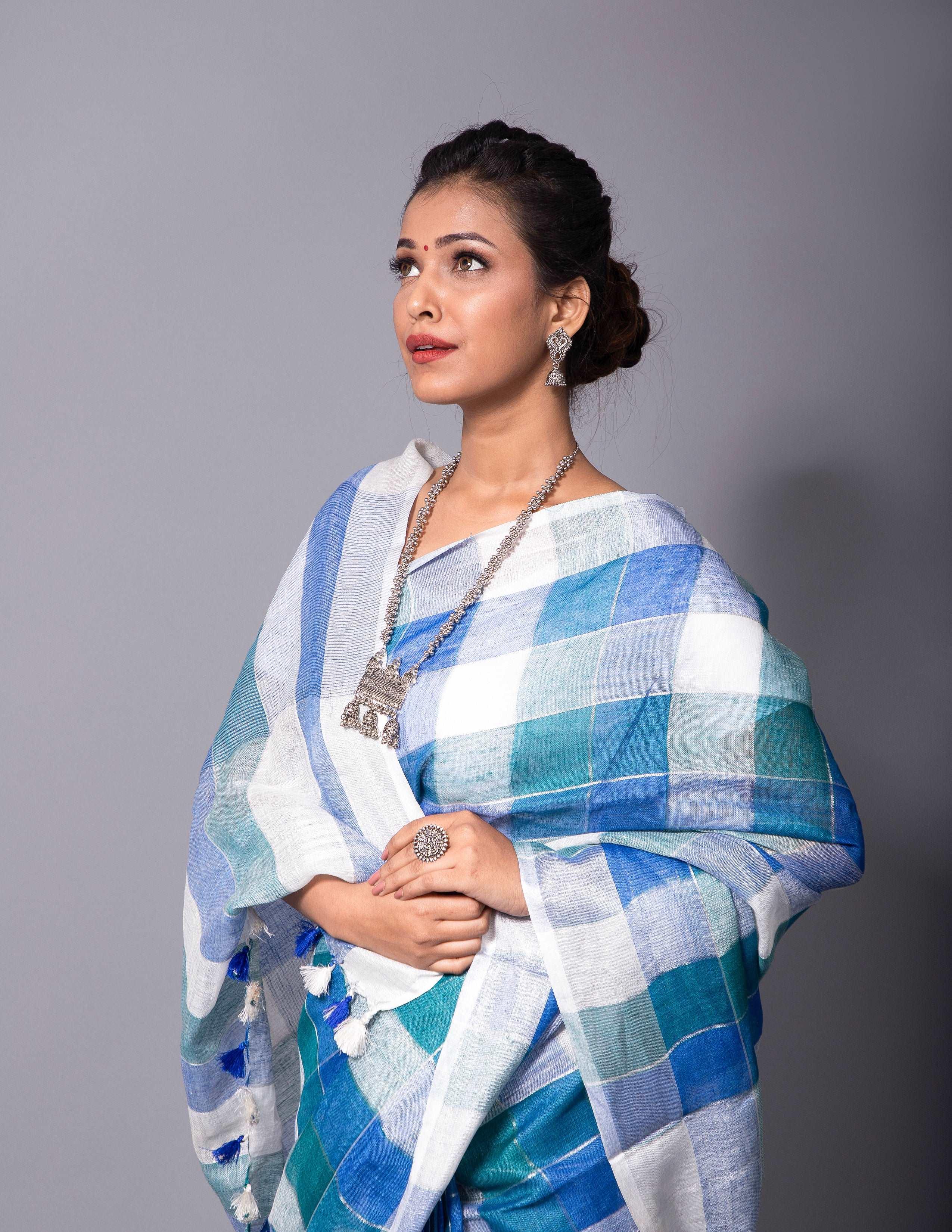 Bina Textile BGP Saree BLUE TRIBE | Linen | Indidha Saree