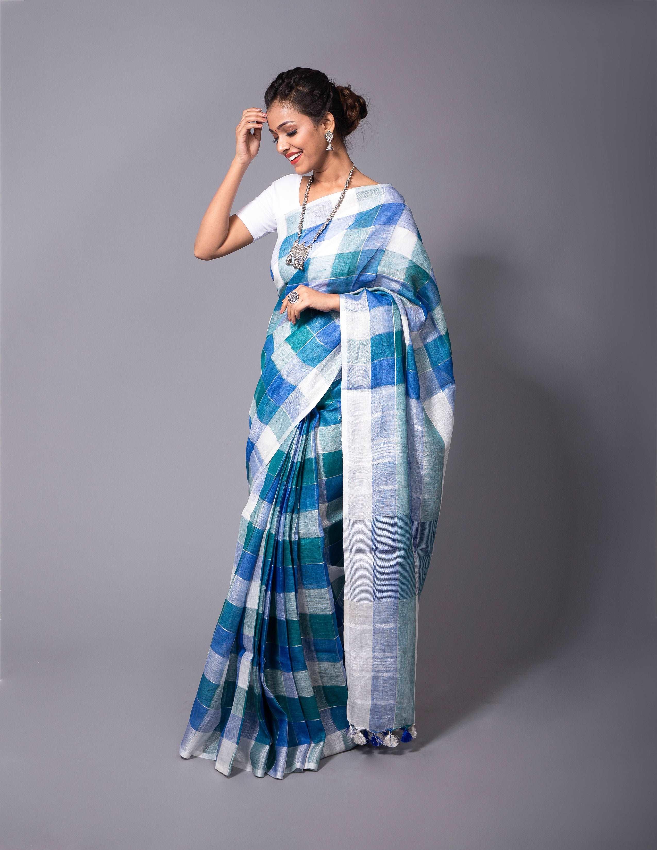 Bina Textile BGP Saree BLUE TRIBE | Linen | Indidha Saree