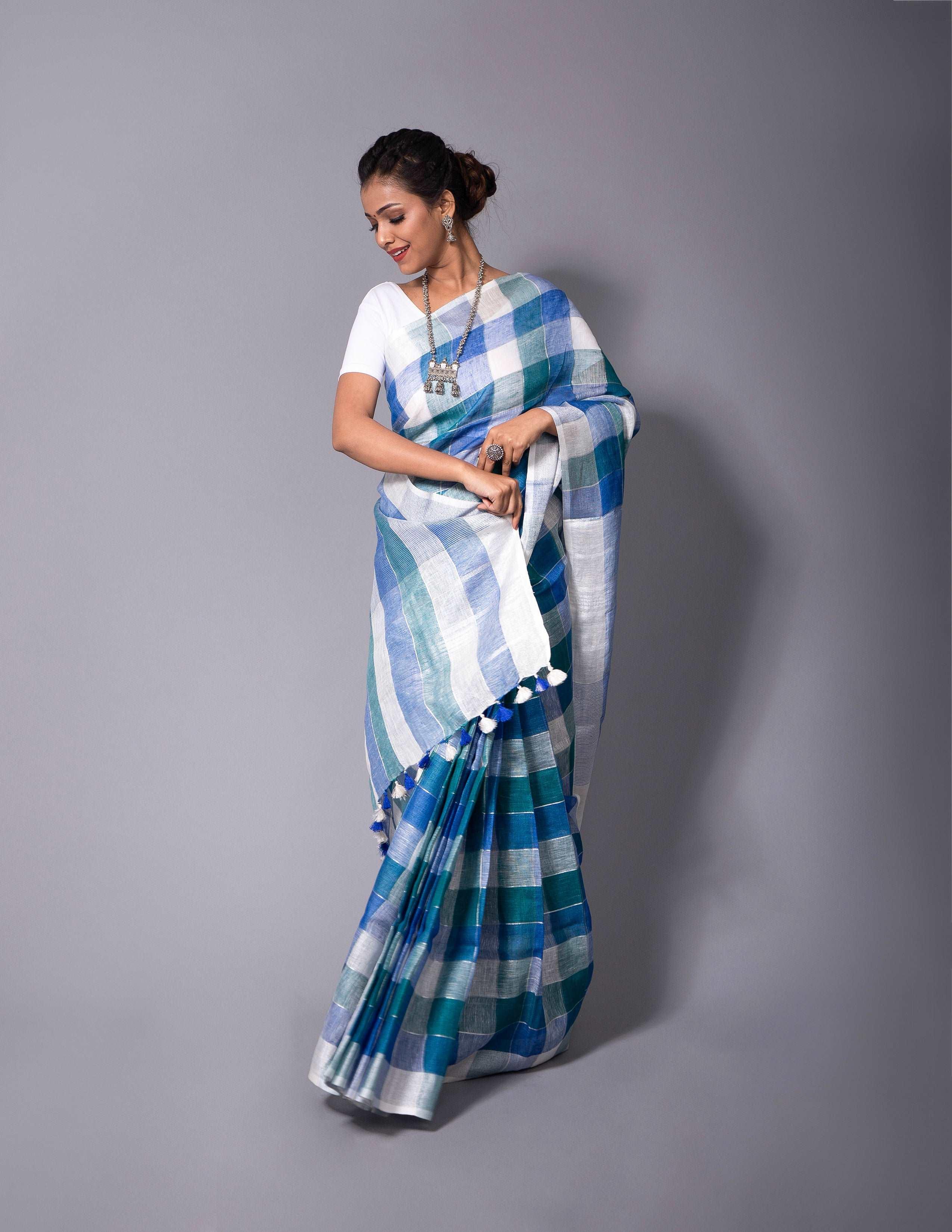Bina Textile BGP Saree BLUE TRIBE | Linen | Indidha Saree