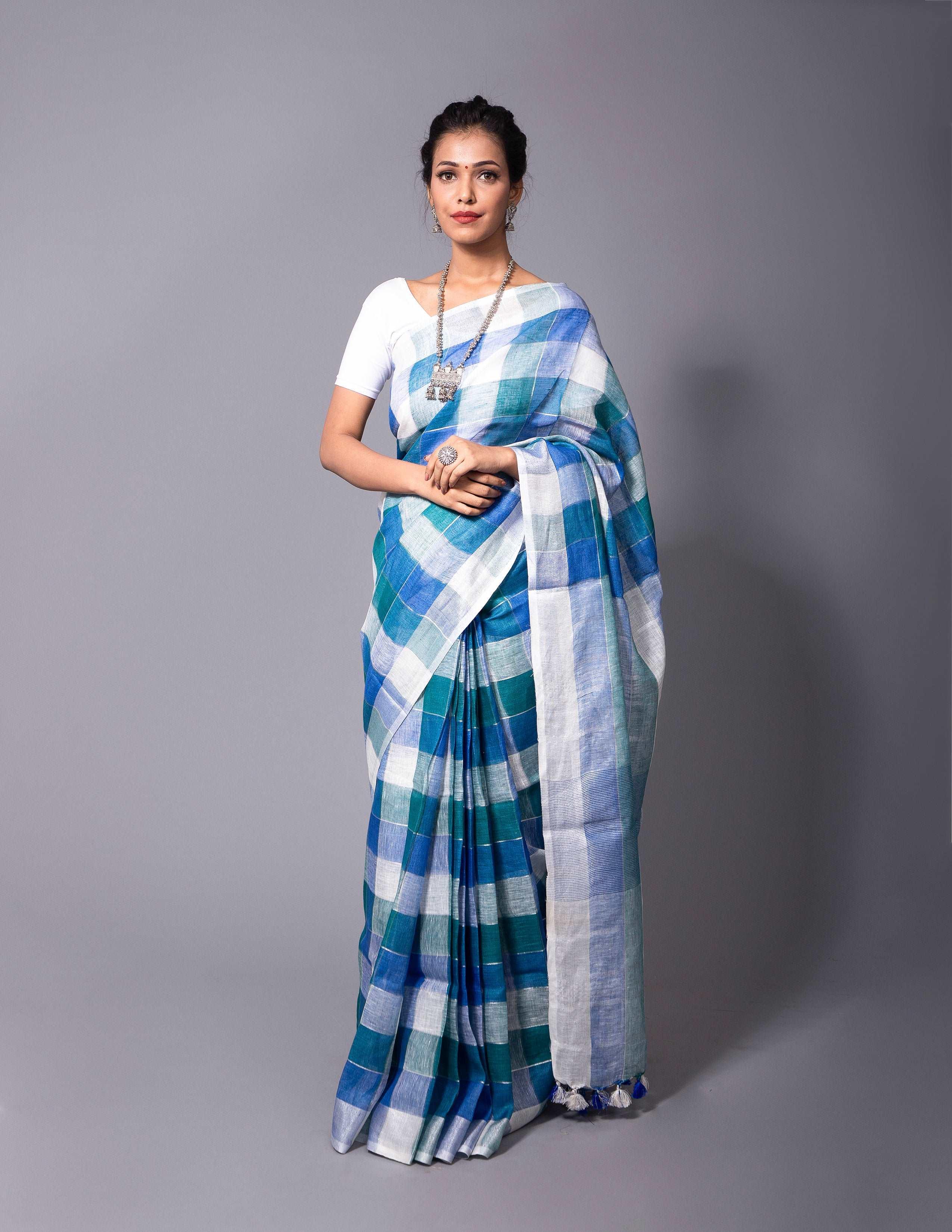 Bina Textile BGP Saree BLUE TRIBE | Linen | Indidha Saree