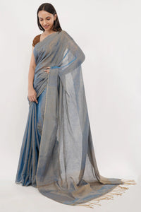 Suman SantiPur Saree HEAVENLY BLUE | Handloom Linen Tissue | Indidha Saree