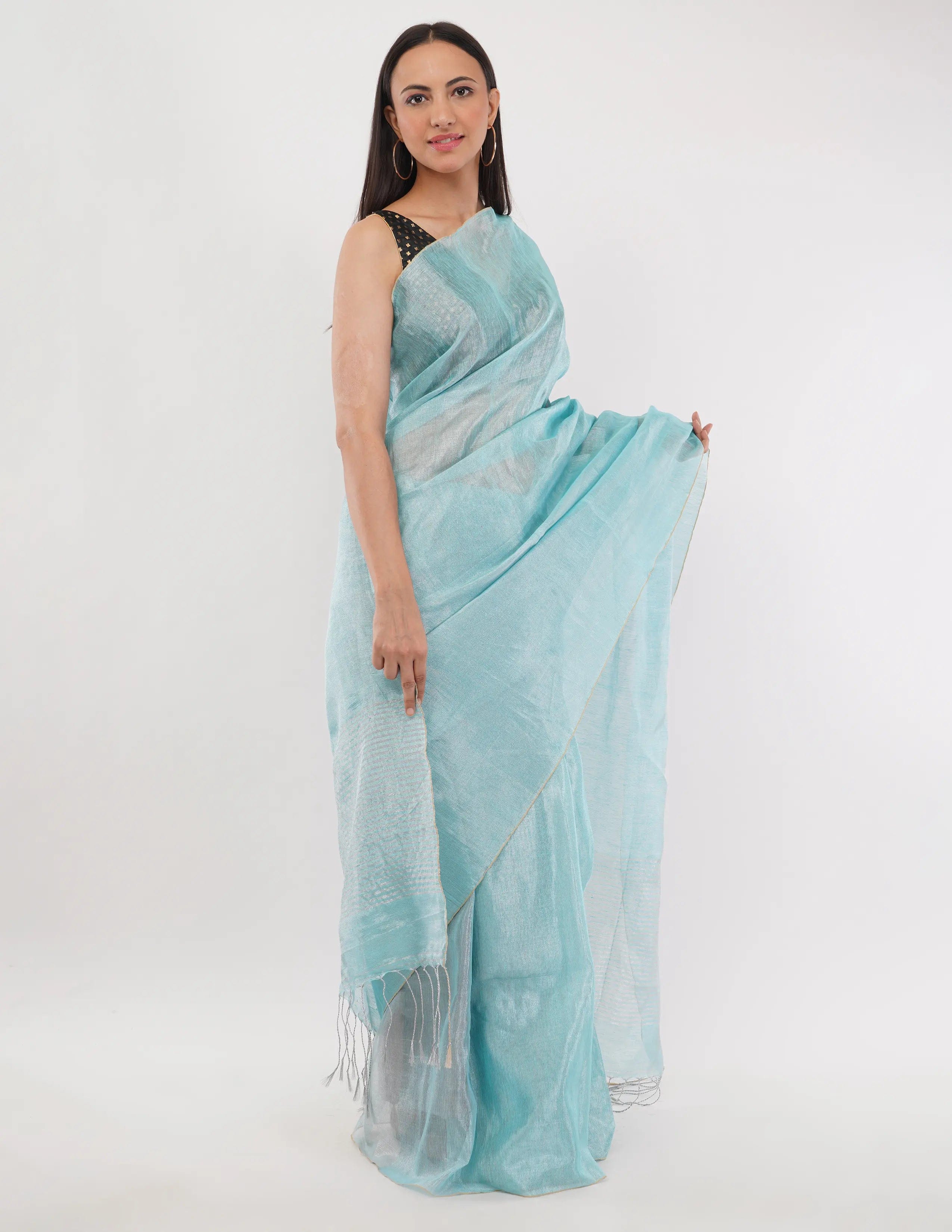 Suman SantiPur Saree NEEL PARI | Handloom Linen Tissue | Indidha Saree