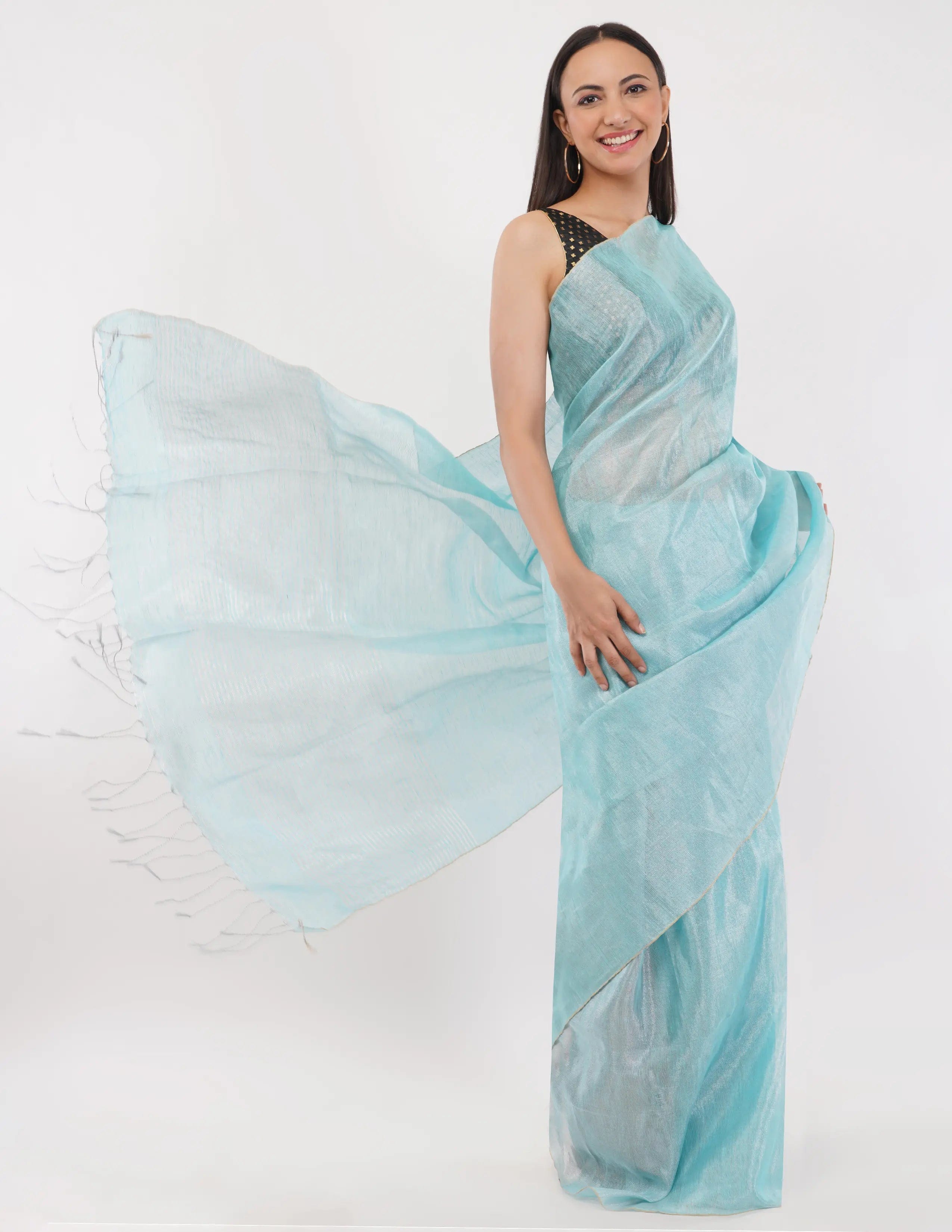 Suman SantiPur Saree NEEL PARI | Handloom Linen Tissue | Indidha Saree