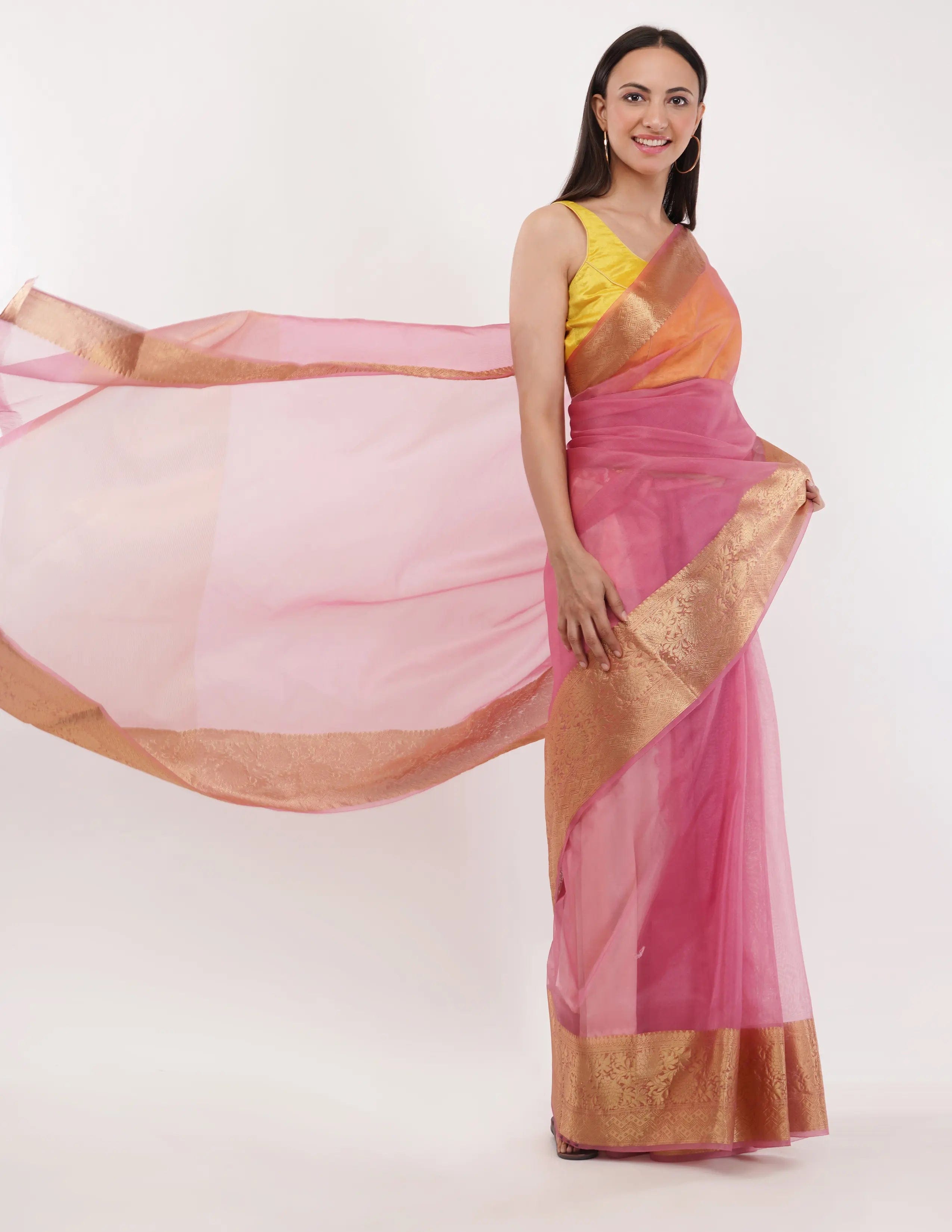 National Handloom, BGP Saree PINK OPAL | Organza with Banarasi Border | Indidha Saree