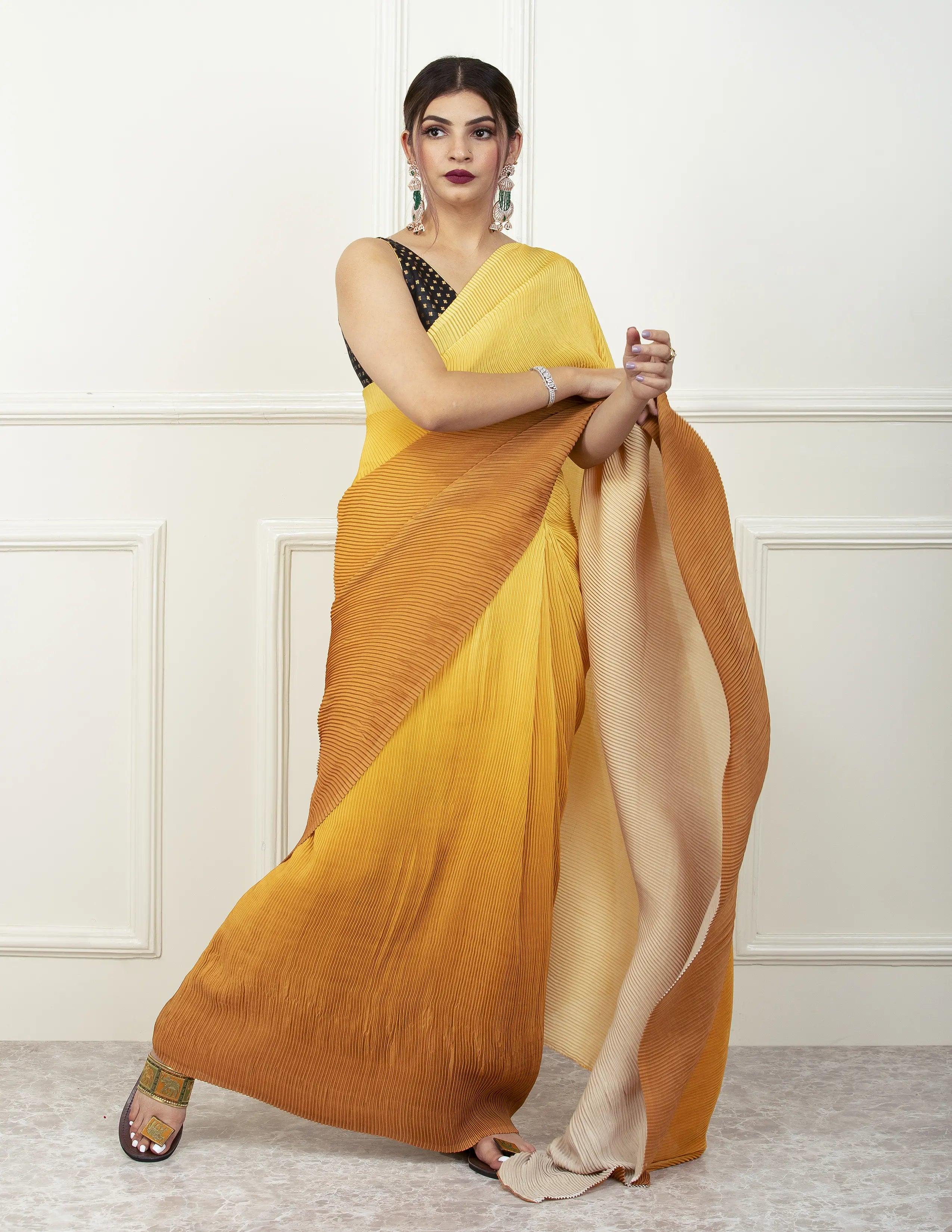BDS Gandhi Nagar Saree YELLOW HUE | Wrinkle Satin  | Indidha Saree