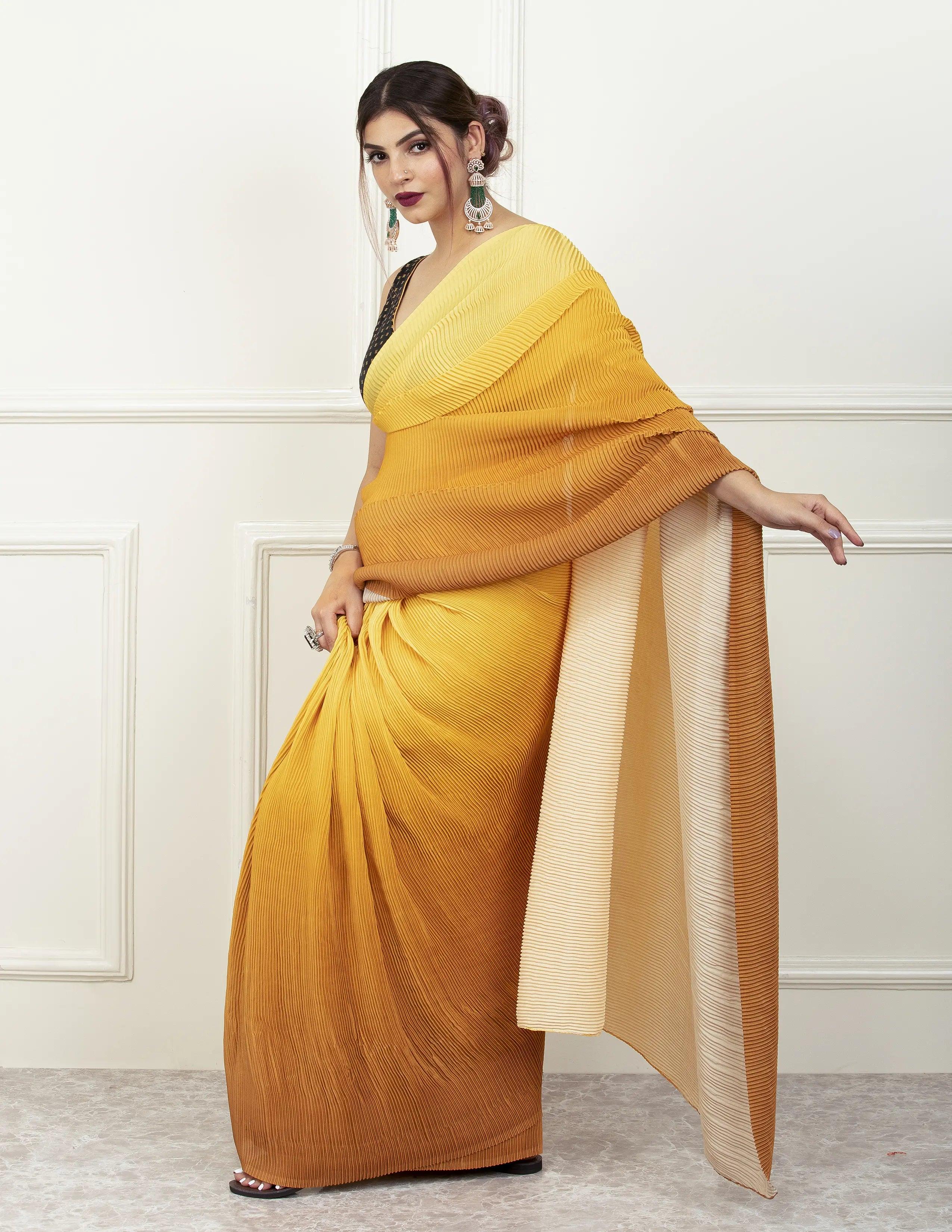 BDS Gandhi Nagar Saree YELLOW HUE | Wrinkle Satin  | Indidha Saree