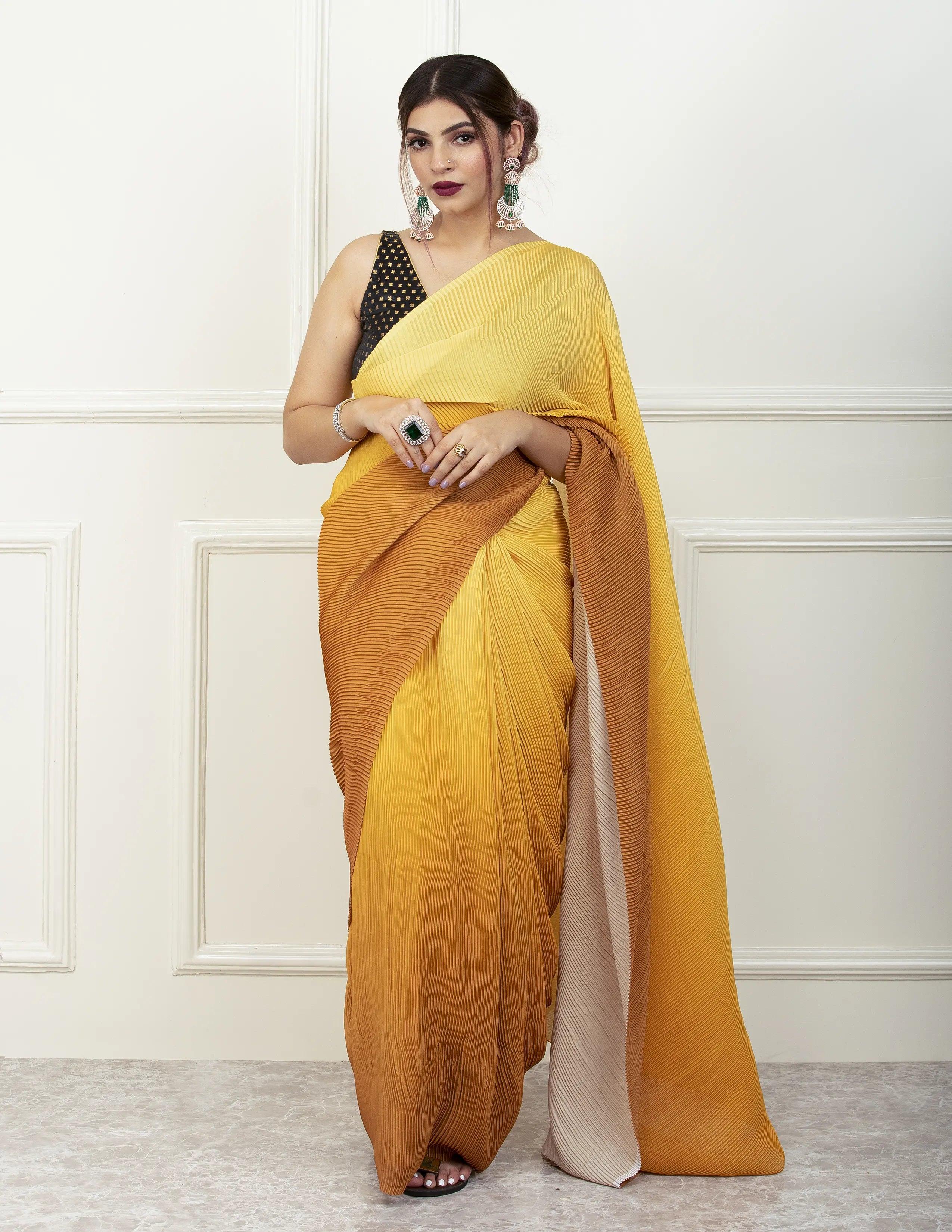 BDS Gandhi Nagar Saree YELLOW HUE | Wrinkle Satin  | Indidha Saree