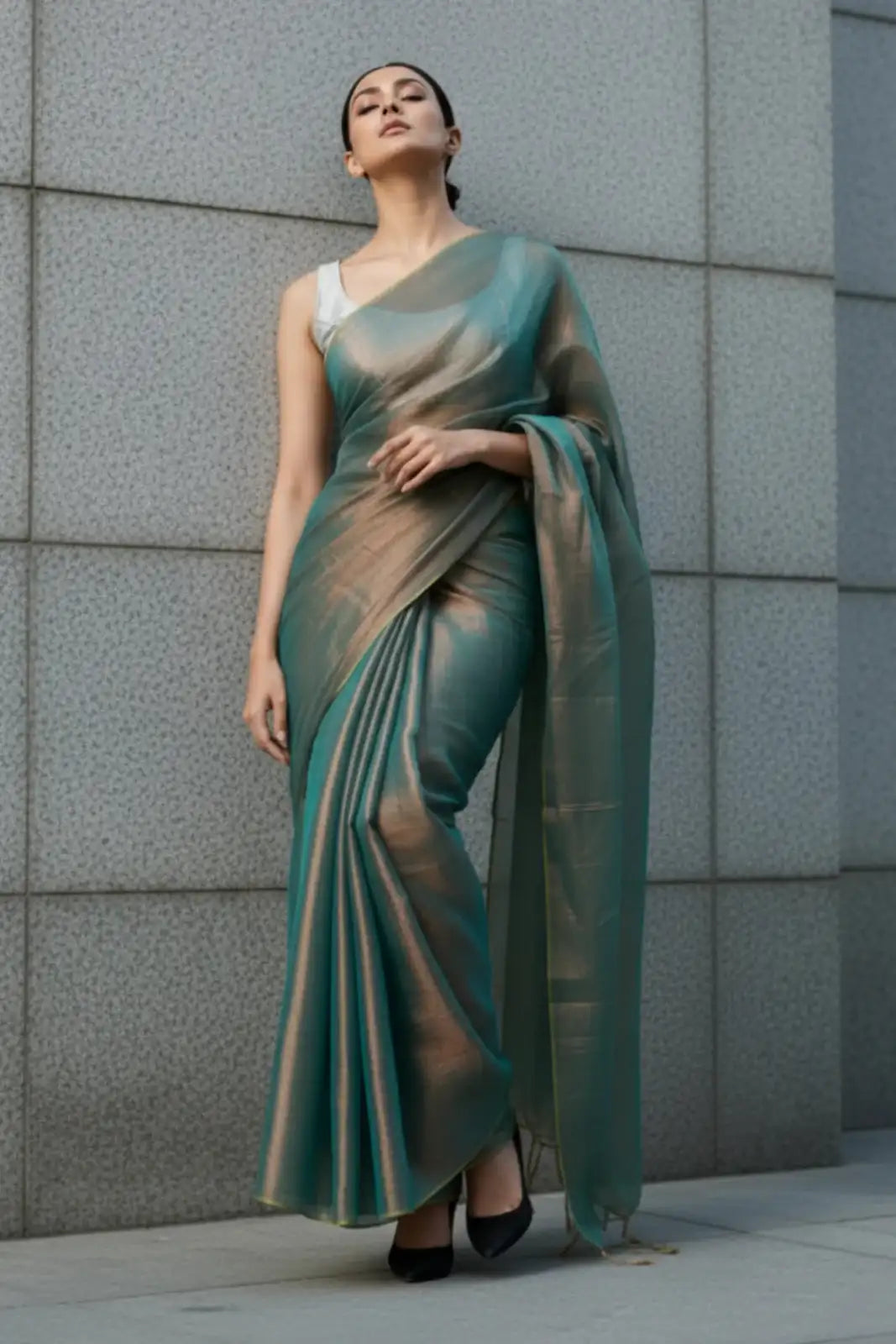 SHIMMERING TEAL | Tissue | Indidha Saree
