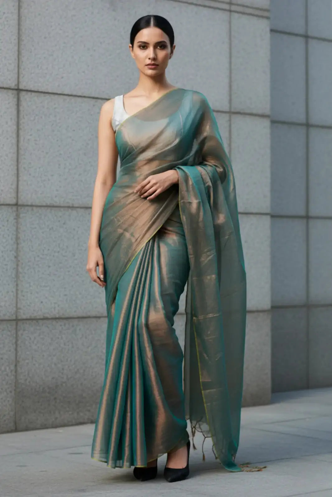 SHIMMERING TEAL | Tissue | Indidha Saree