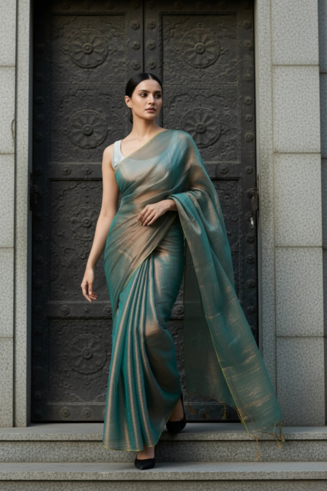 SHIMMERING TEAL | Handloom Tissue | Indidha Saree