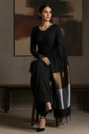 Black cotton saree with metallic gold and silver border by Indidha